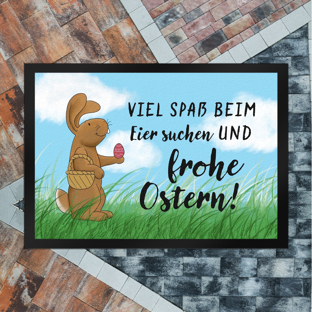 Eier suchen und frohe Ostern Fußmatte mit Spruch und Osterhase