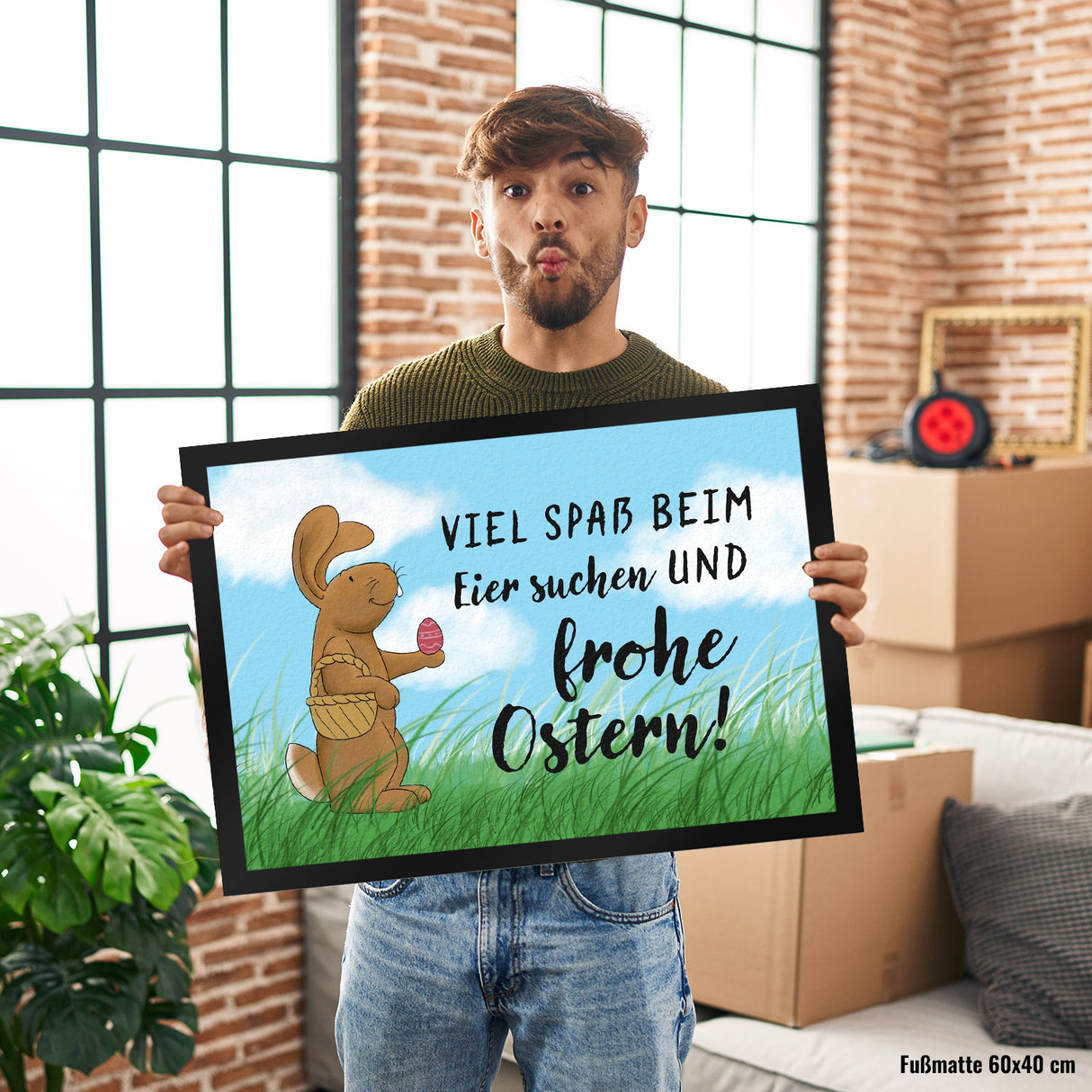Eier suchen und frohe Ostern Fußmatte mit Spruch und Osterhase