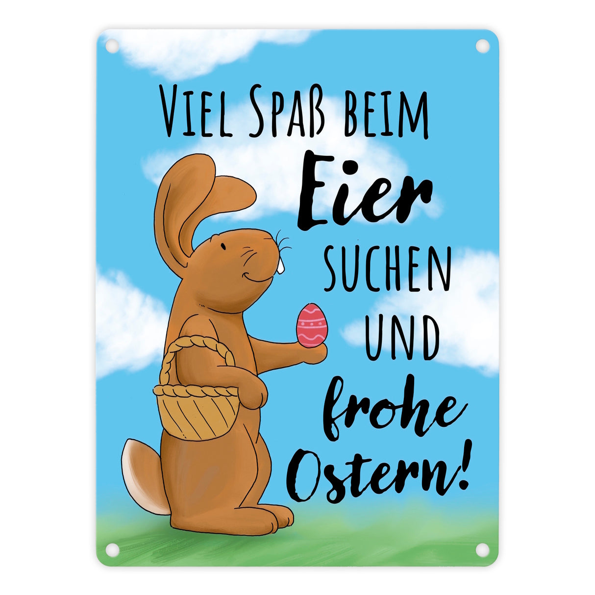 Eier suchen und frohe Ostern Metallschild mit niedlichem Hasen