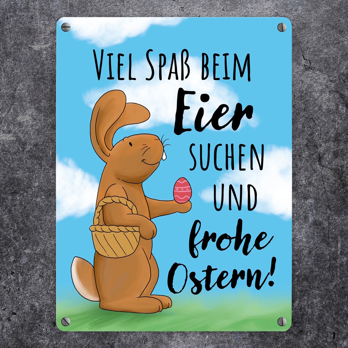 Eier suchen und frohe Ostern Metallschild mit niedlichem Hasen