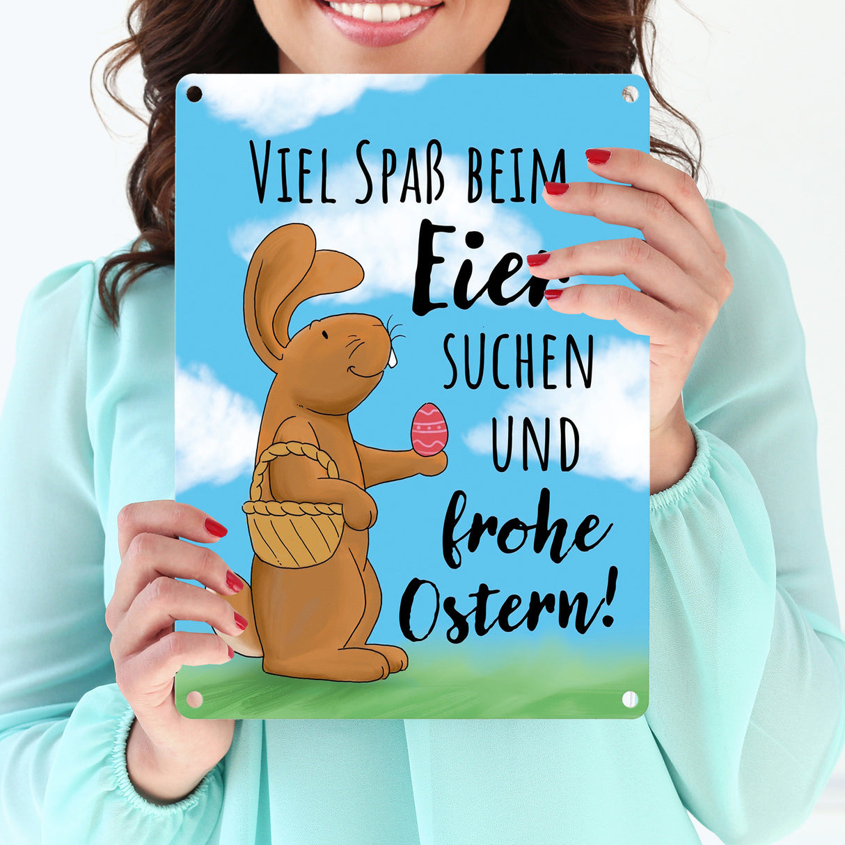 Eier suchen und frohe Ostern Metallschild mit niedlichem Hasen