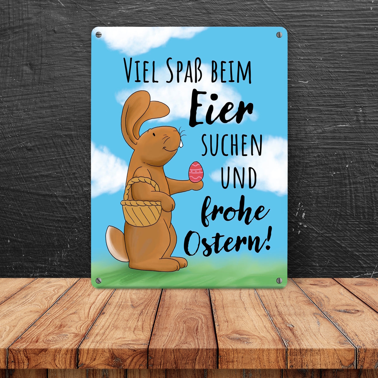 Eier suchen und frohe Ostern Metallschild mit niedlichem Hasen