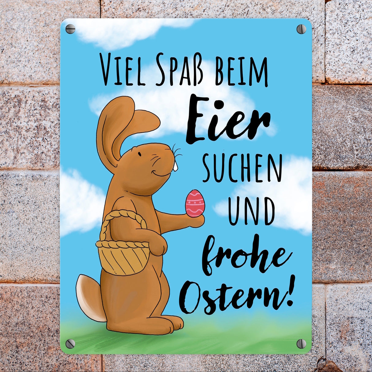 Eier suchen und frohe Ostern Metallschild mit niedlichem Hasen