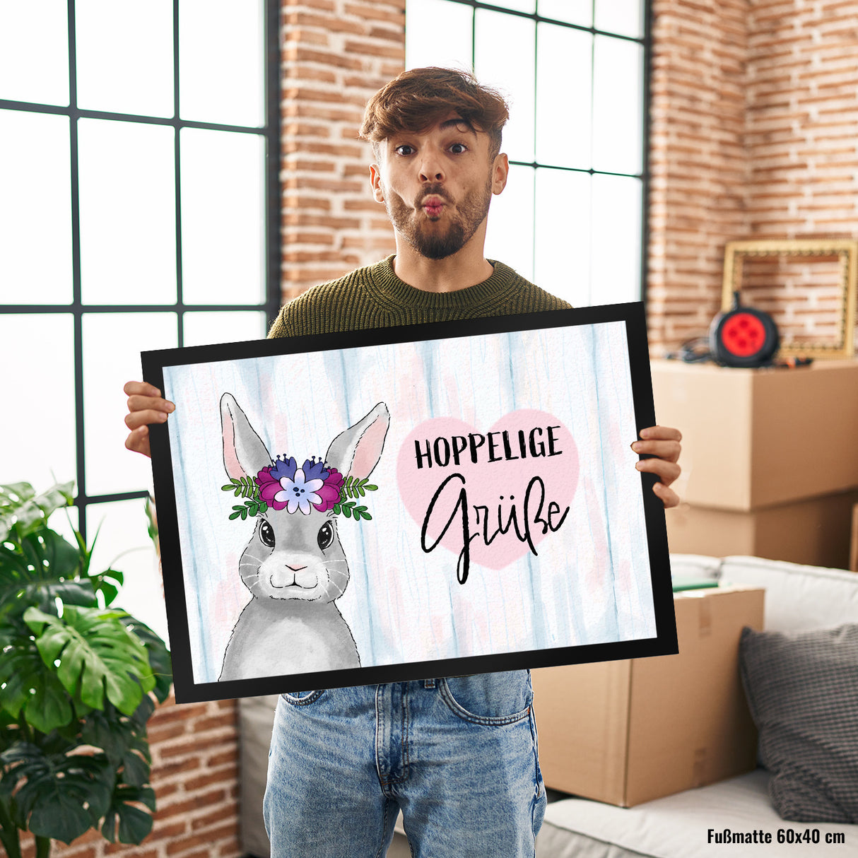 Hoppelige Grüße Fußmatte mit süßem Osterhase und Blumen