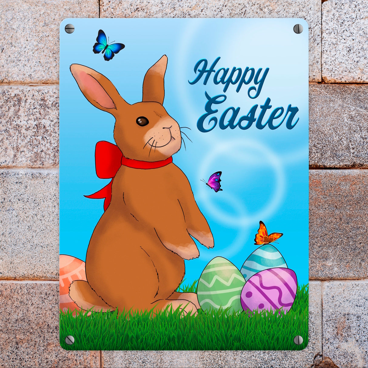 Happy Easter Metallschild mit Osterhase und Ostereiern