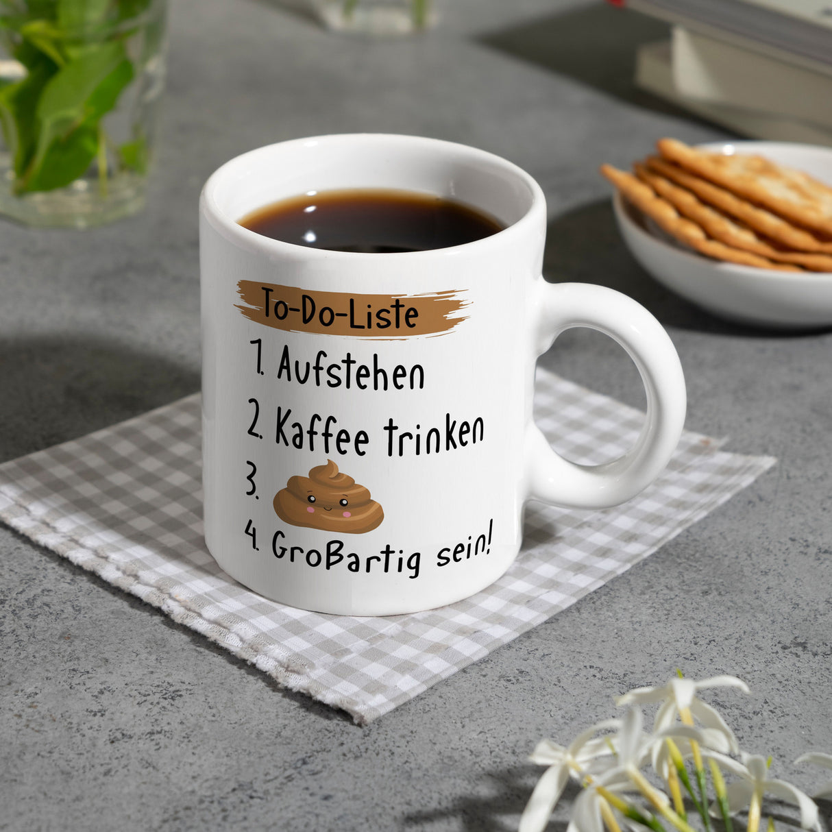 To-Do Liste Morgenroutine Kaffeebecher mit Spruch