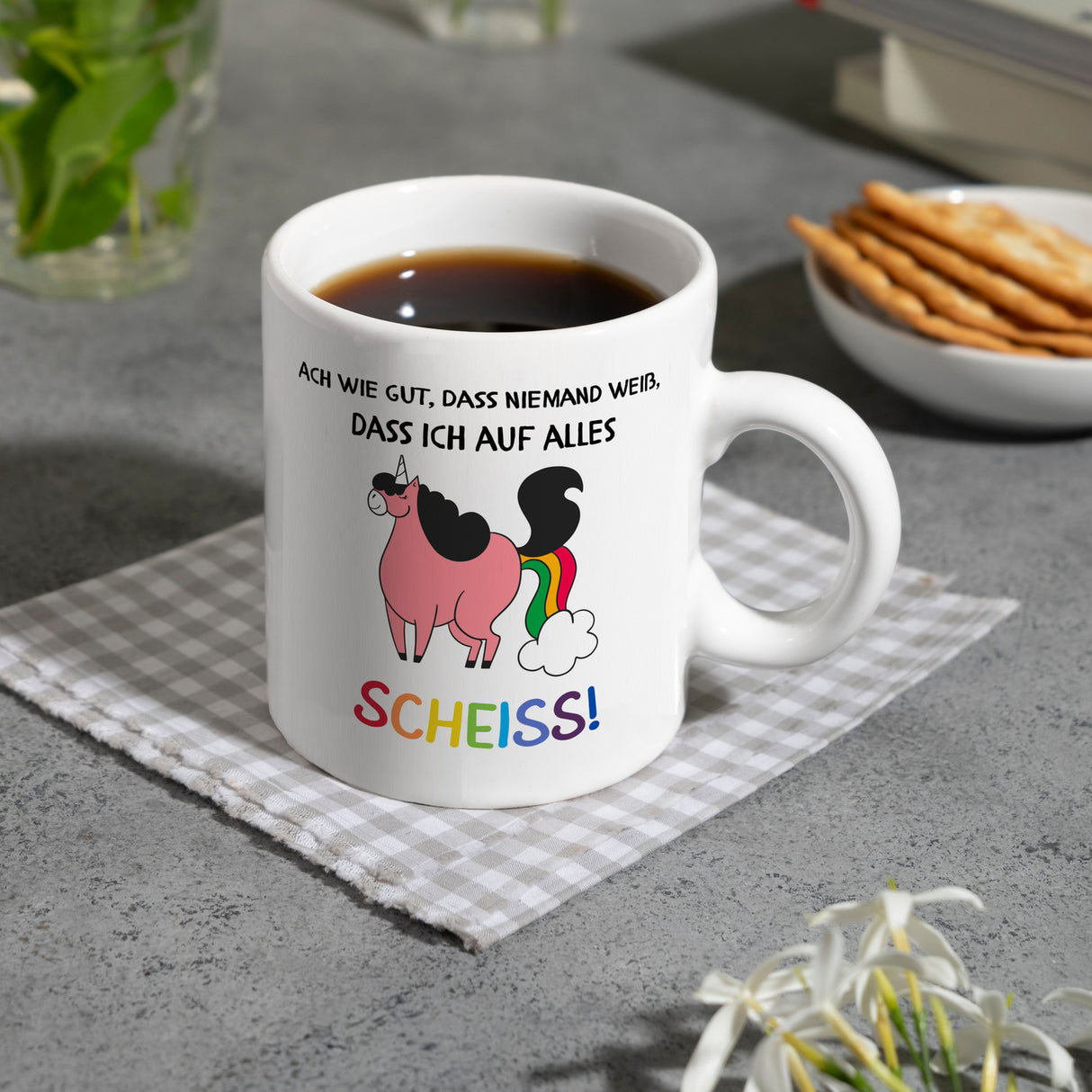 Einhorn Kaffeebecher mit Spruch Ach wie gut, dass niemand weiß