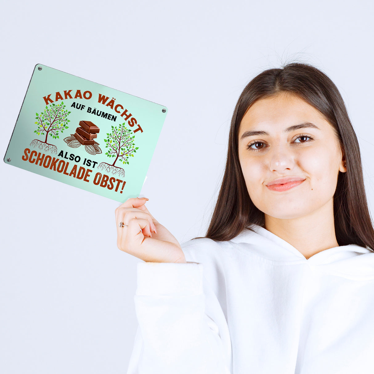 Kakao Metallschild in 15x20 cm mit Spruch Schokolade ist Obst