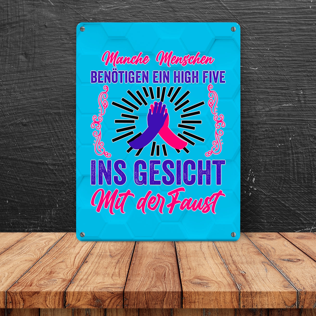 High Five Metallschild in 15x20 cm mit Spruch High Five ins Gesicht mit der Faust