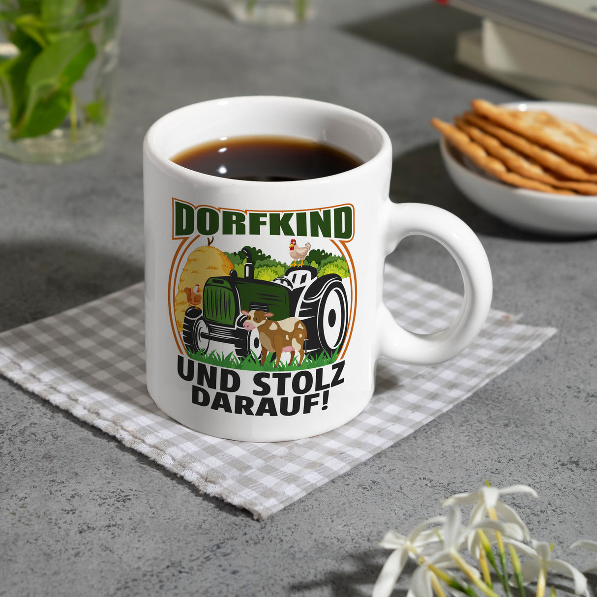 Dorf Kaffeebecher mit Spruch Dorfkind und stolz darauf