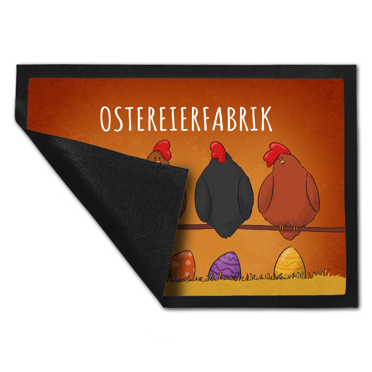 Hühner auf der Stange Ostereierfabrik Fußmatte mit bunten Ostereiern