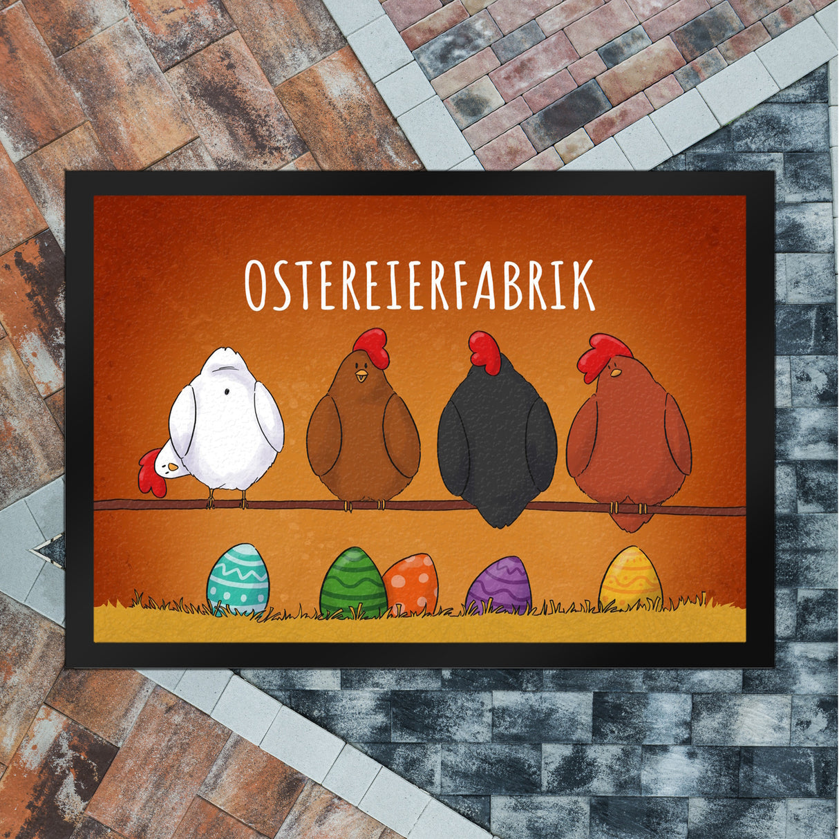 Hühner auf der Stange Ostereierfabrik Fußmatte mit bunten Ostereiern