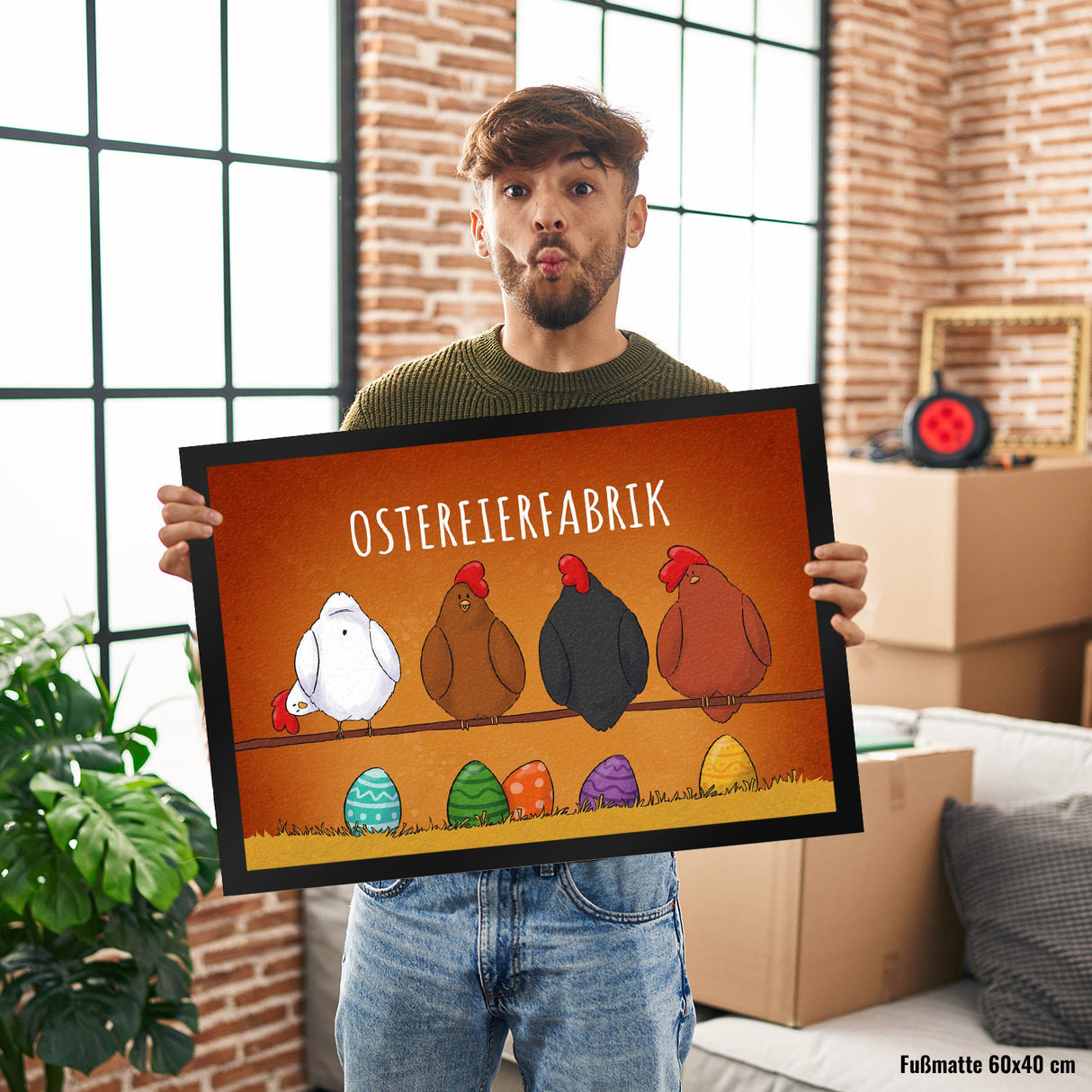 Hühner auf der Stange Ostereierfabrik Fußmatte mit bunten Ostereiern