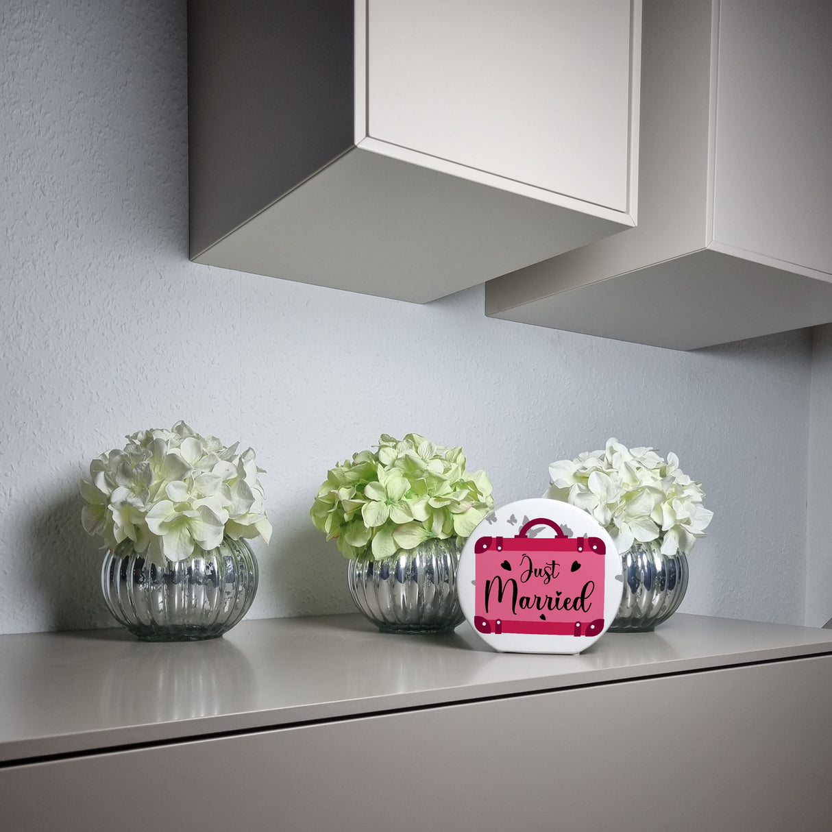 Just married Hochzeit Spardose mit pinkem Koffer