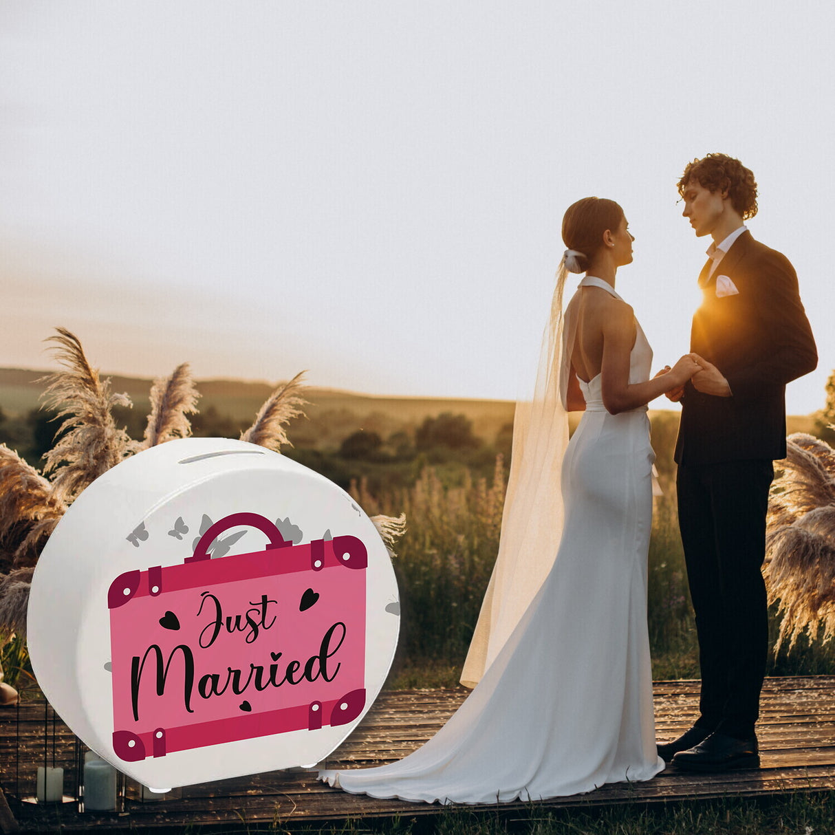 Just married Hochzeit Spardose mit pinkem Koffer
