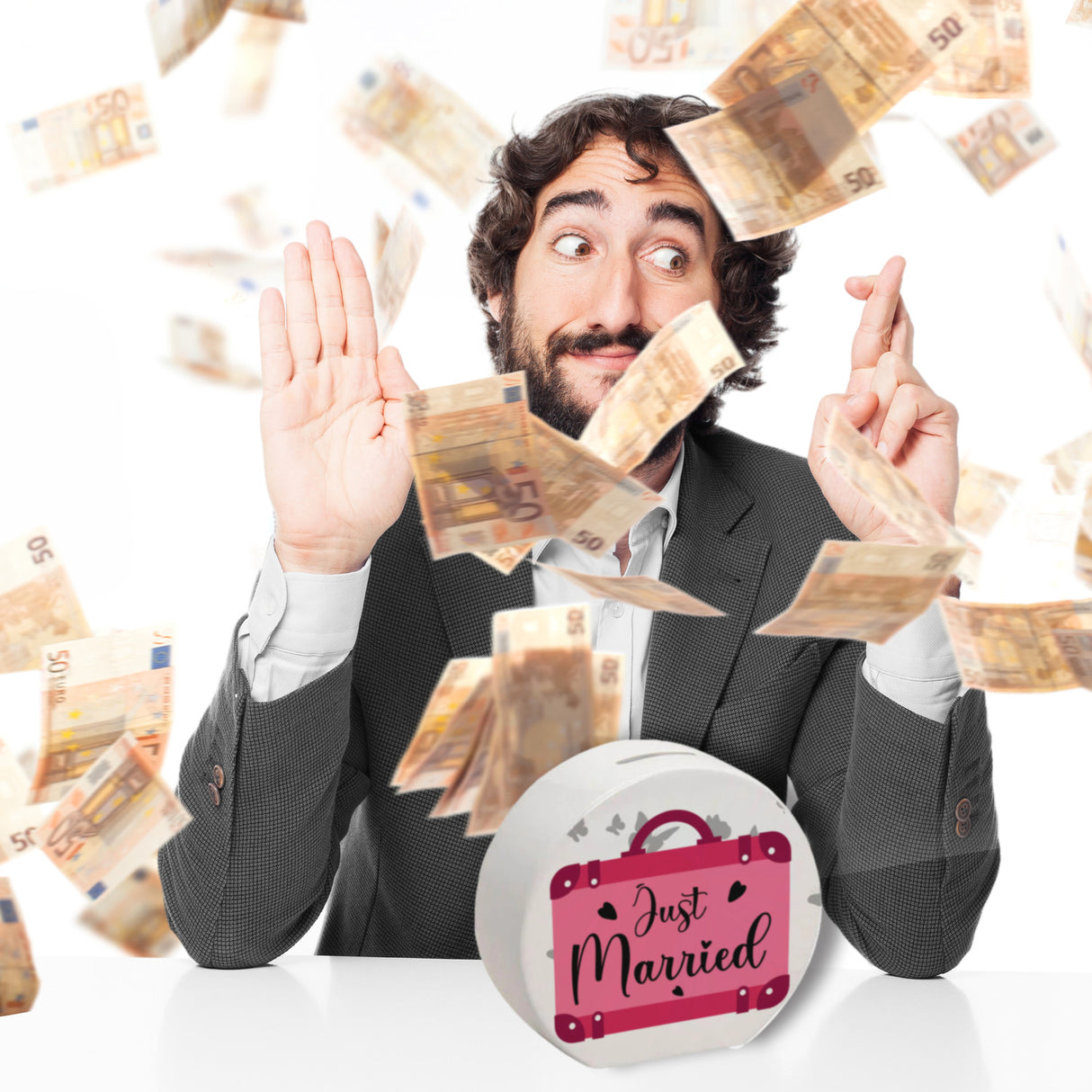 Just married Hochzeit Spardose mit pinkem Koffer