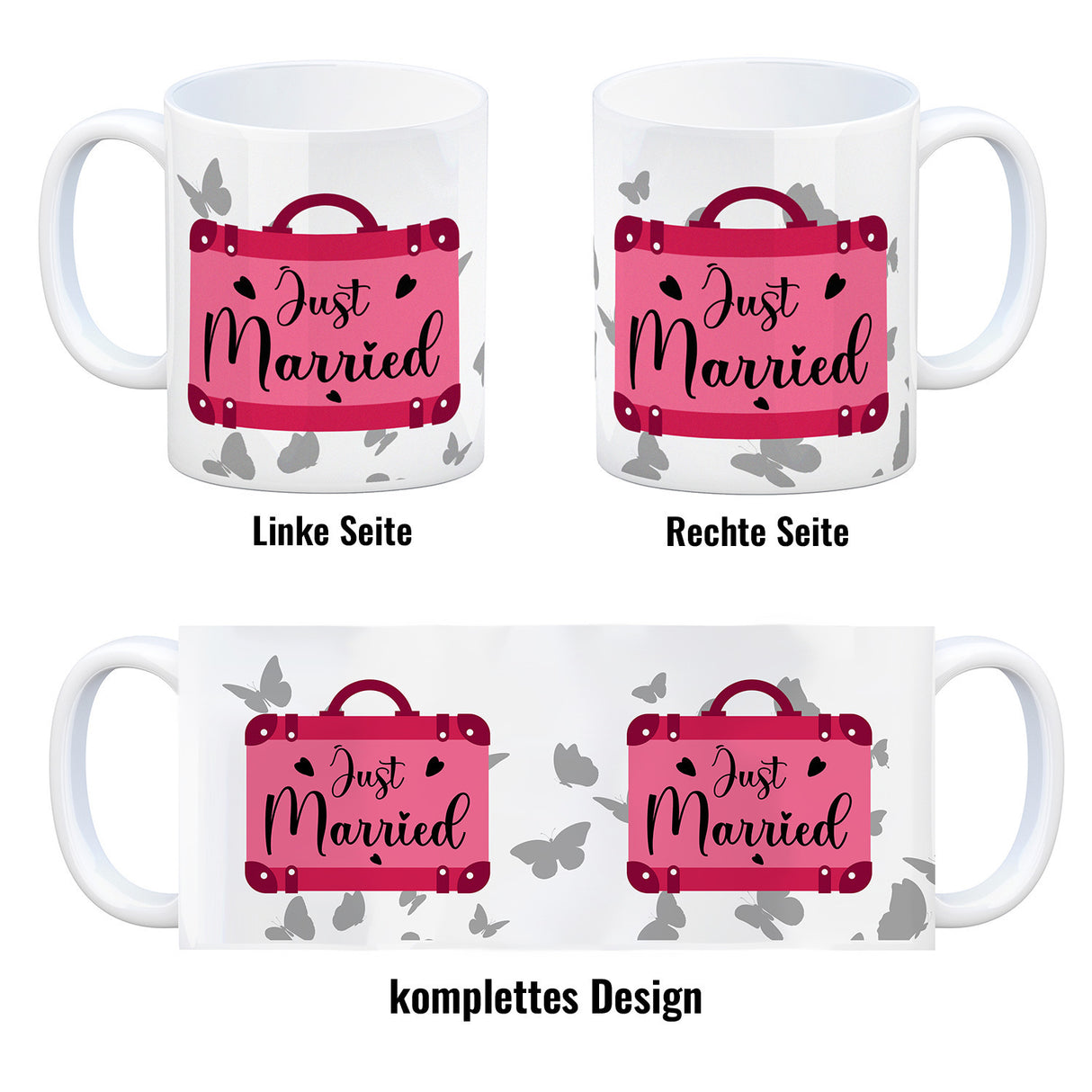Just married Hochzeit Kaffeebecher mit pinkem Koffer