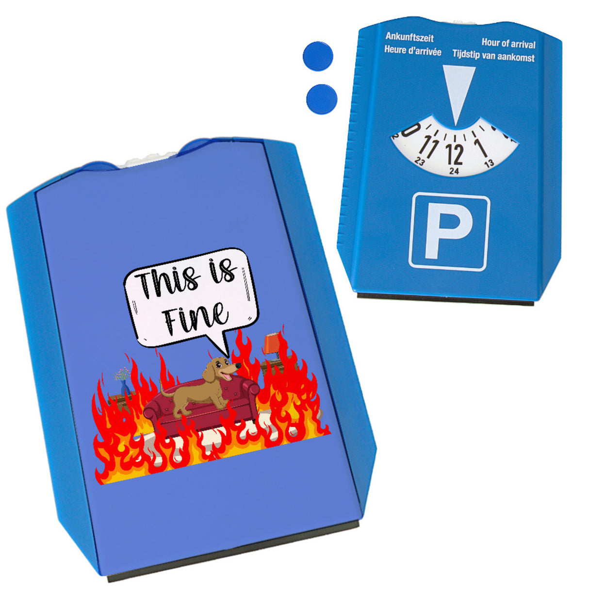 This is fine Parkscheibe Dackel in brennendem Wohnzimmer