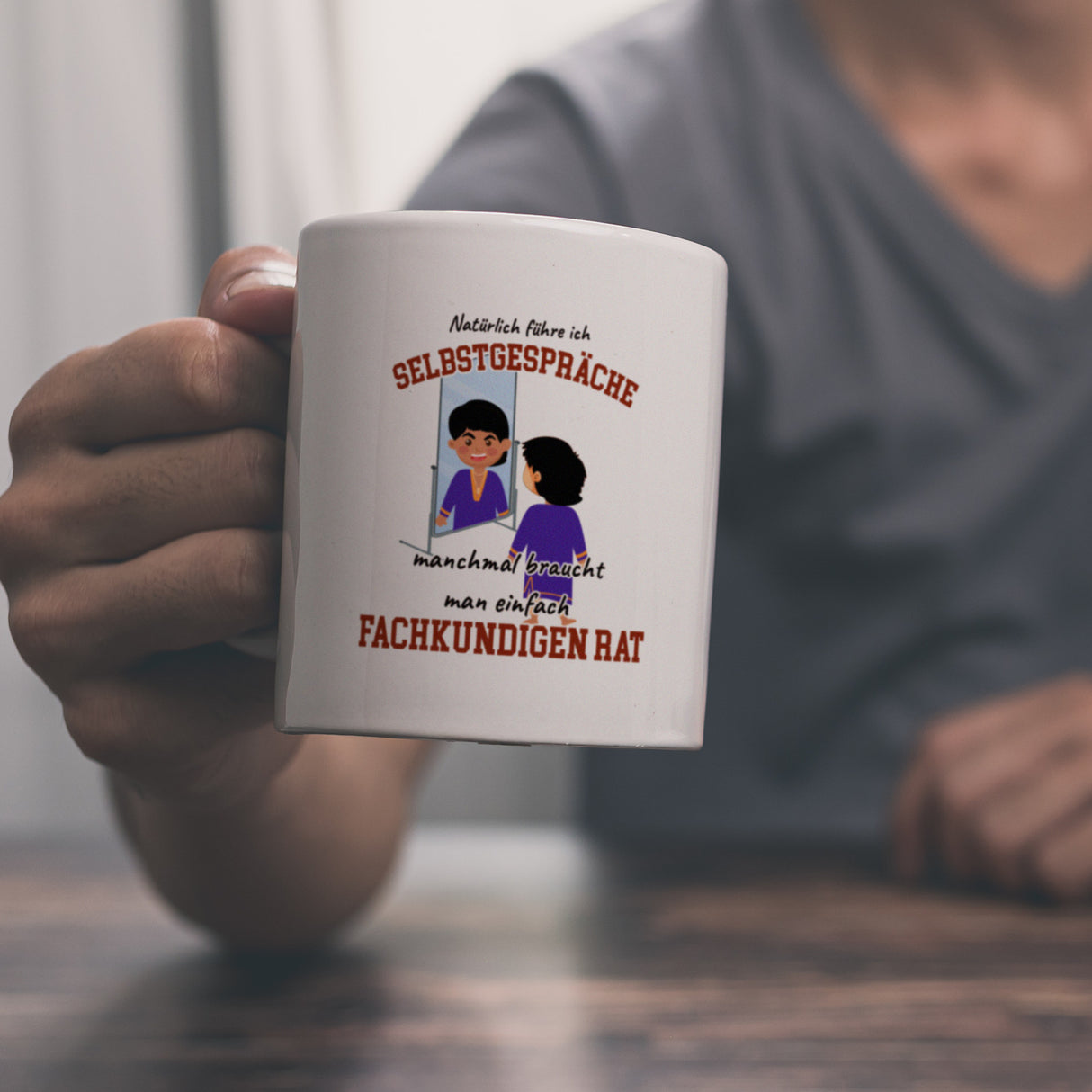 Spiegelbild und Selbstgespräche Kaffeebecher mit Spruch fürs Büro