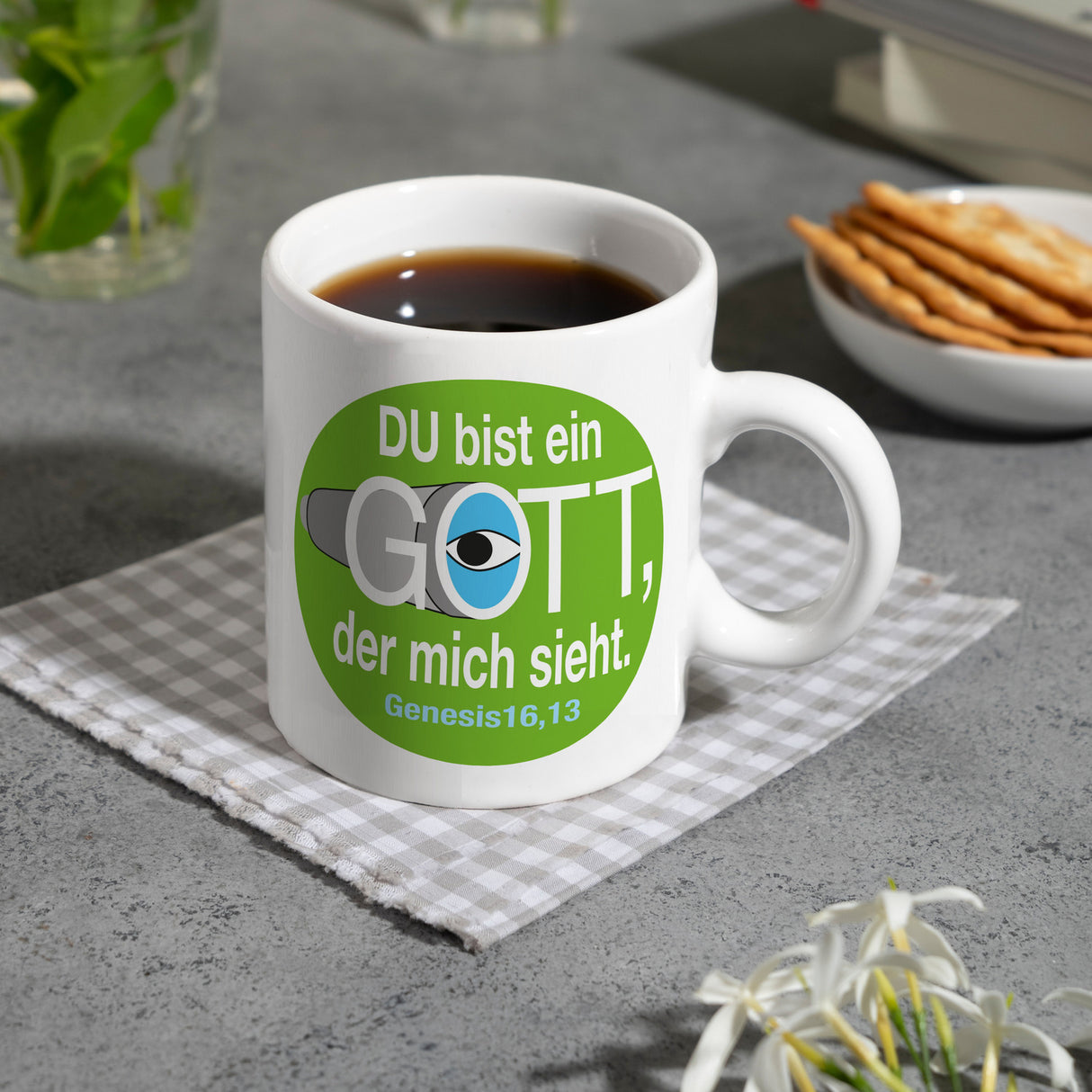 Du bist ein Gott, der mich sieht. Kaffeebecher mit Bibel Zitat