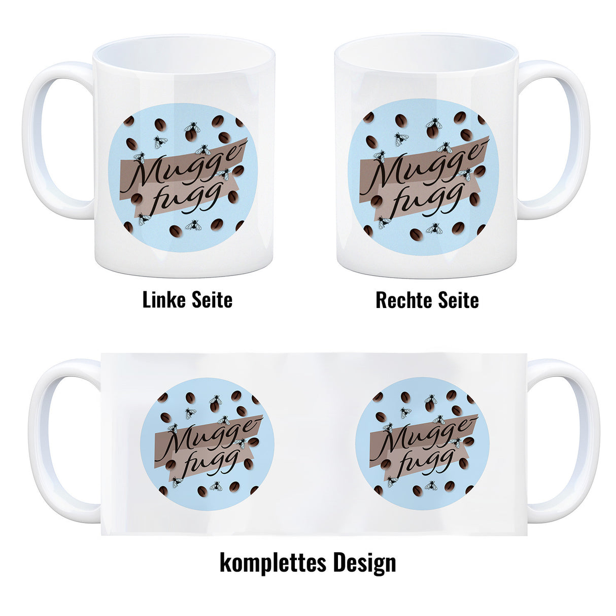 Muggefugg Malzkaffee Kaffeebecher mit Kaffeebohnen und Fliegen blau