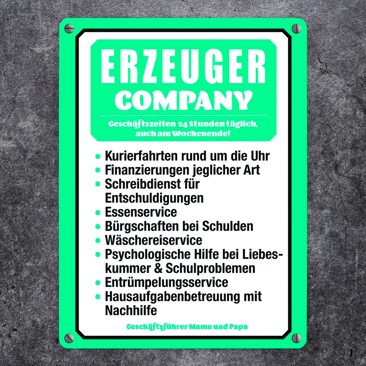 Erzeuger Company Metallschild in türkis für Eltern