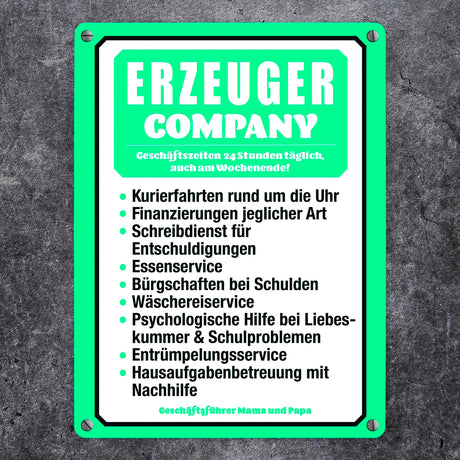 Erzeuger Company Metallschild in türkis für Eltern