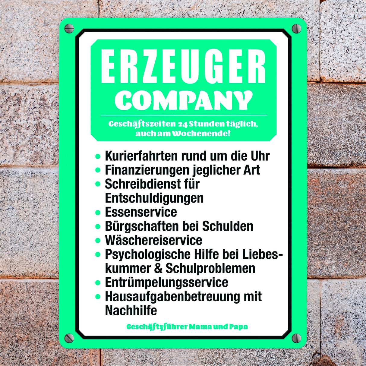 Erzeuger Company Metallschild in türkis für Eltern