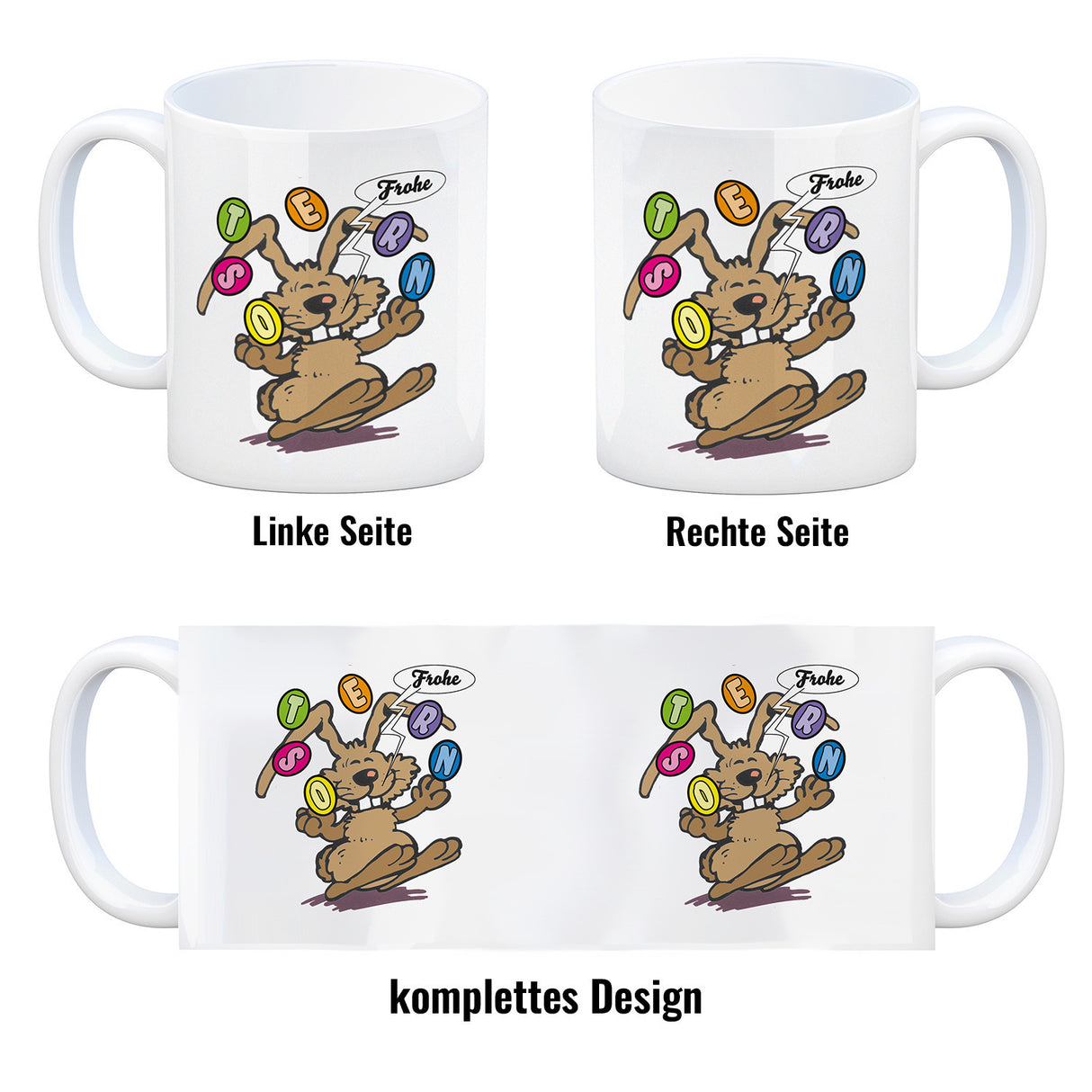 Frohe Ostern! Osterhase jongliert mit Ostereiern Kaffeebecher in {weiß}