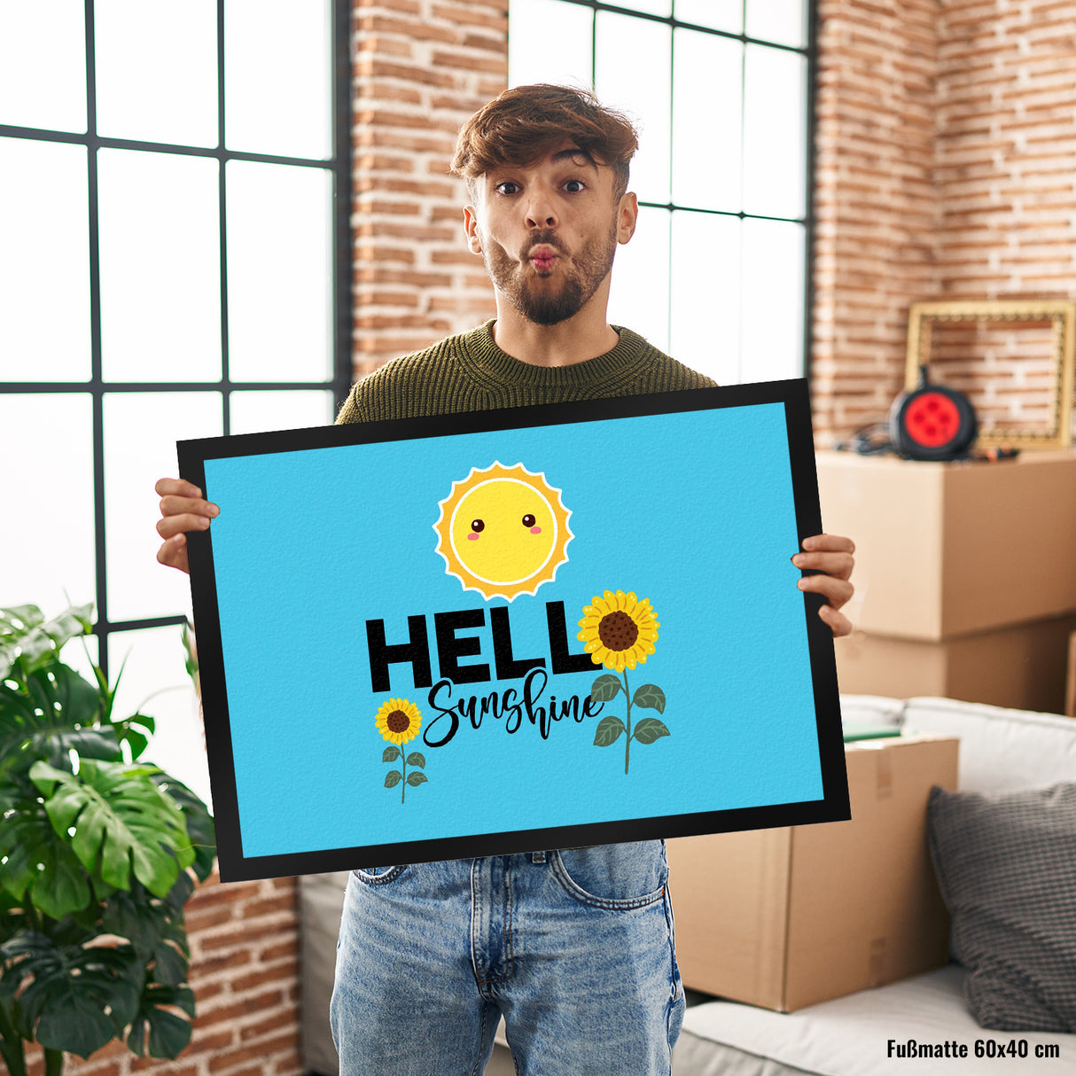 Gute Laune Fußmatte in 35x50 cm in hellblau mit Spruch Hello Sunshine