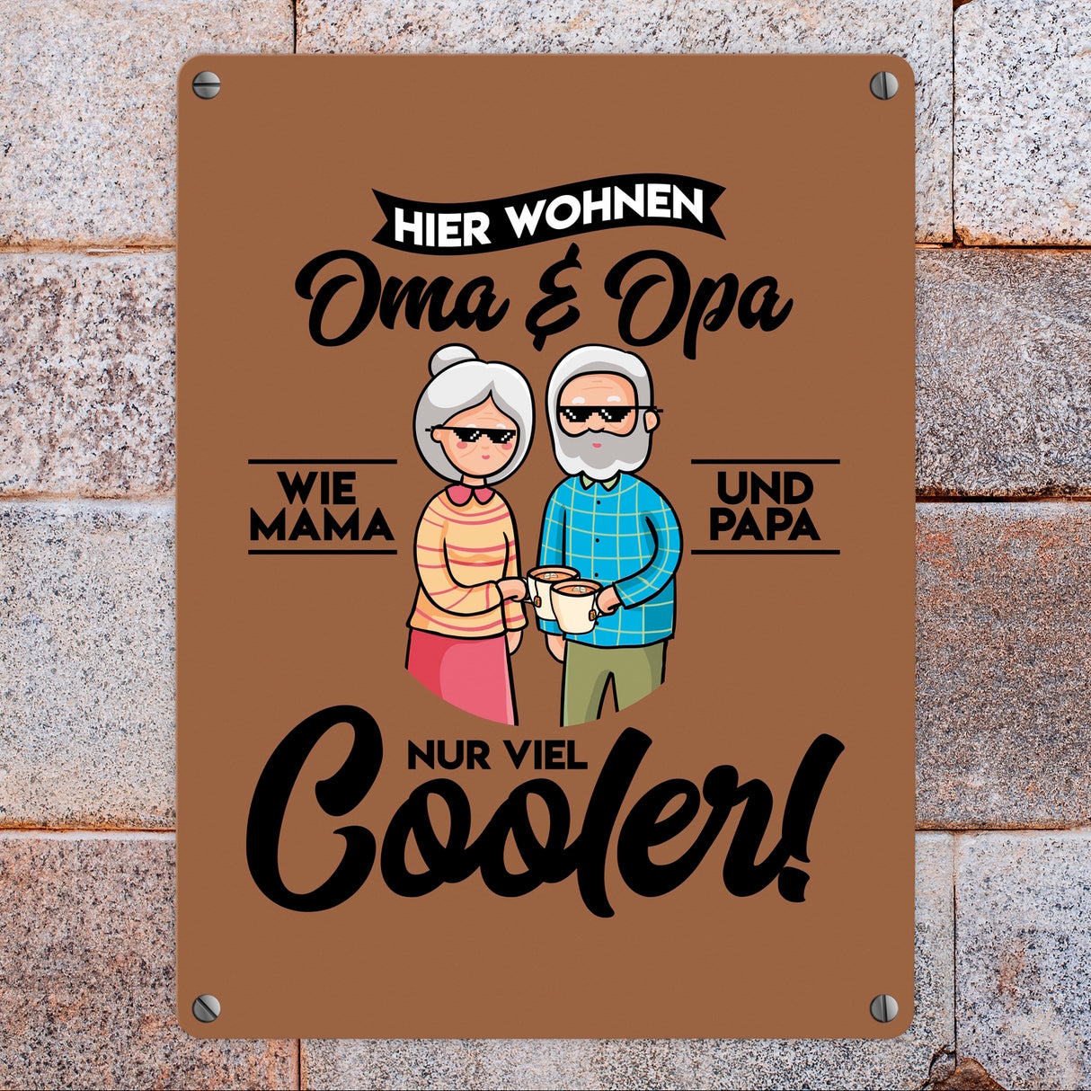 Hier wohnen Oma & Opa Metallschild in 15x20 cm in braun für deine Großeltern