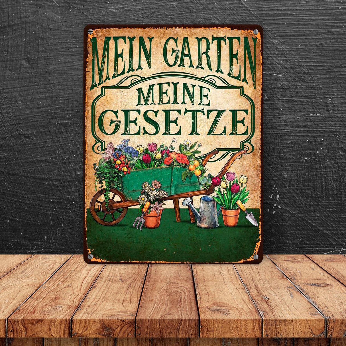 Mein Garten Meine Gesetze Metallschild in 15x20 cm mit Blumenwagen