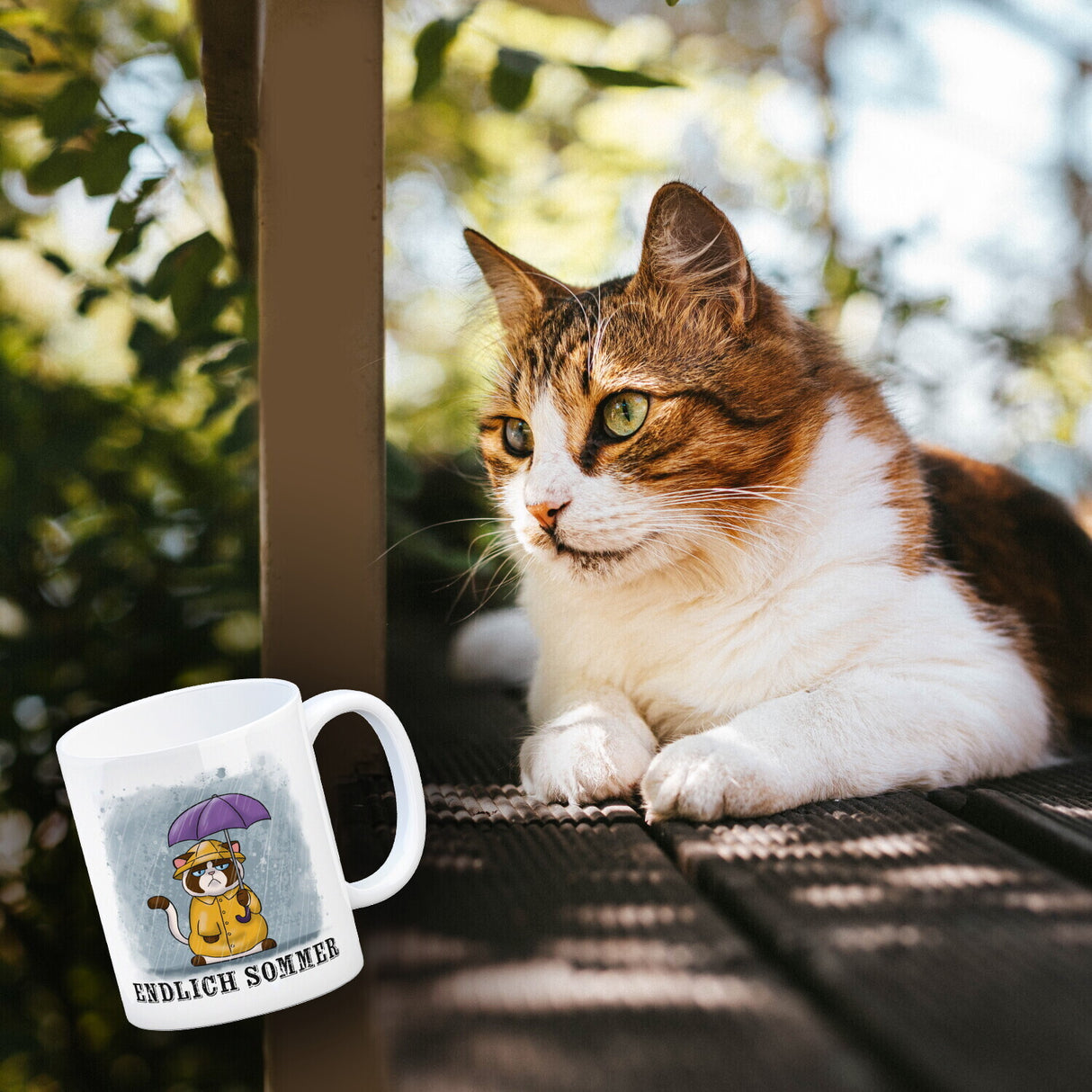 Endlich Sommer Kaffeebecher mit grummeliger Katze