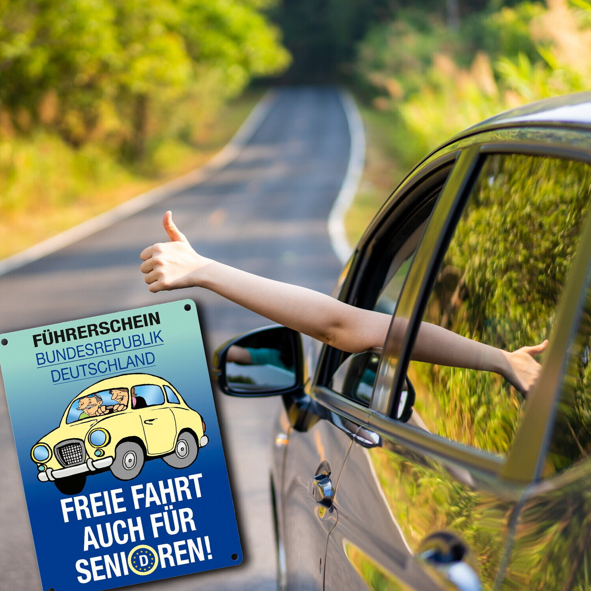 Freie Fahrt auch für Senioren Metallschild mit Oldtimer Motiv