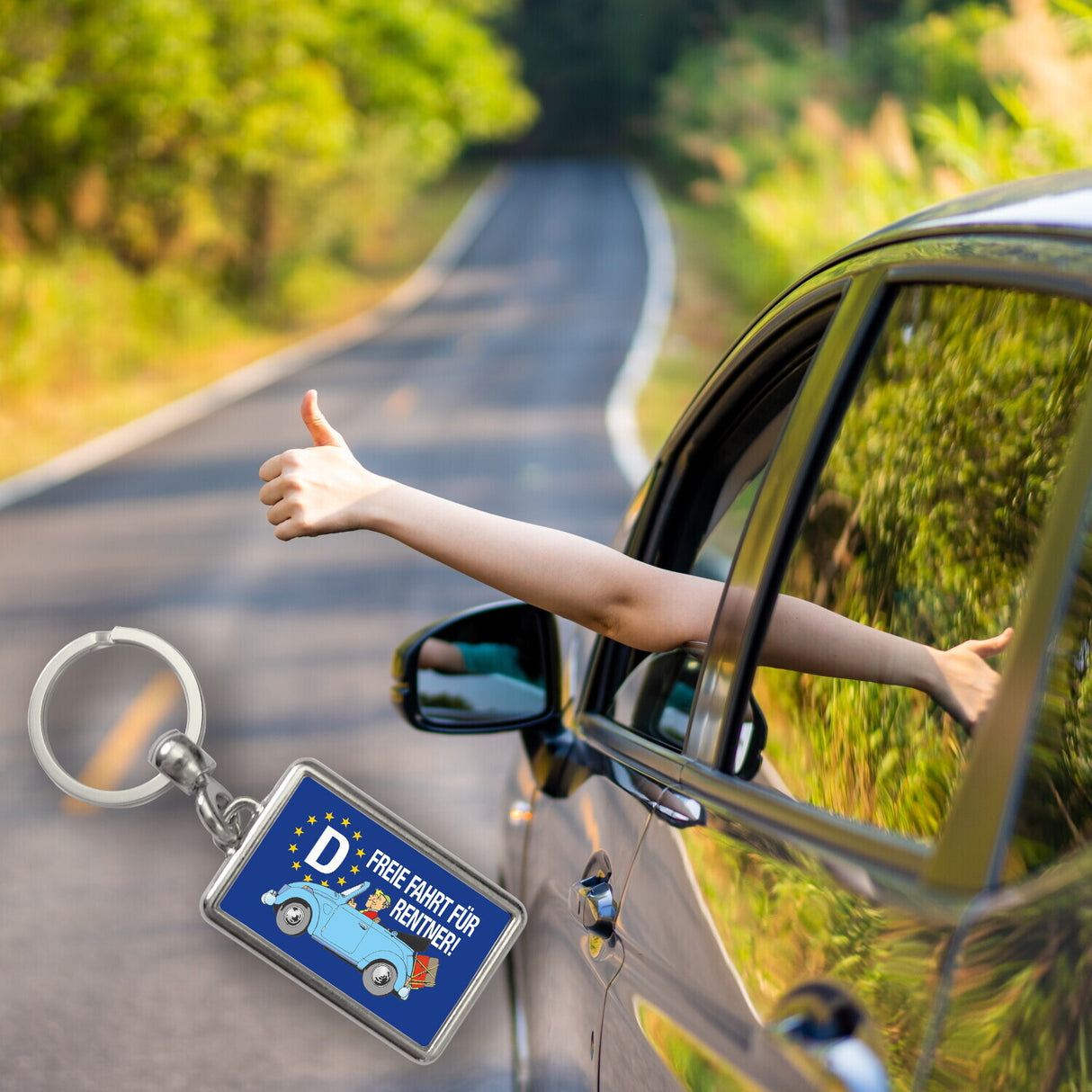 Freie Fahrt für Rentner Schlüsselanhänger mit Oldtimer Motiv