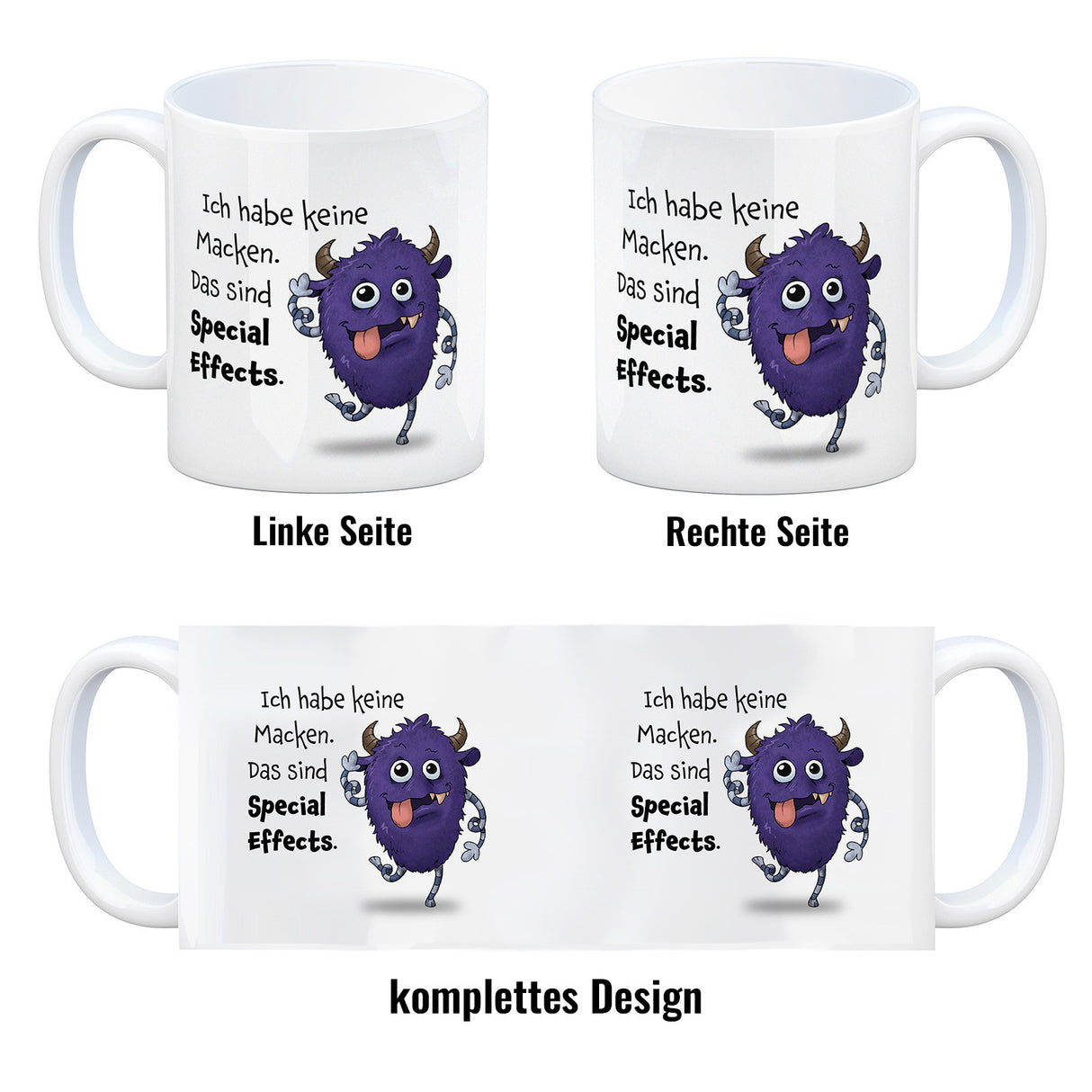 Freches Monster in lila Kaffeebecher mit lustigem Spruch