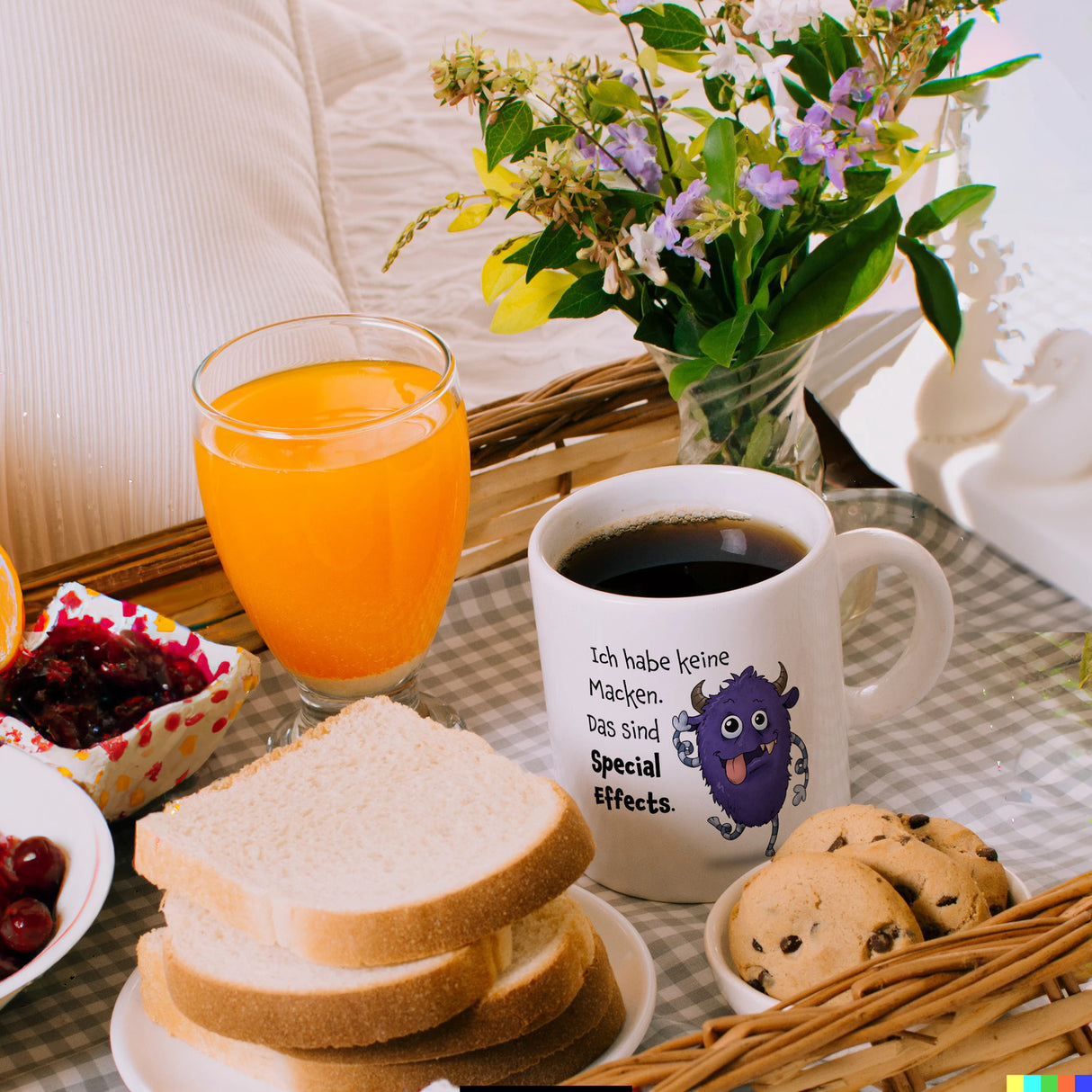 Freches Monster in lila Kaffeebecher mit lustigem Spruch
