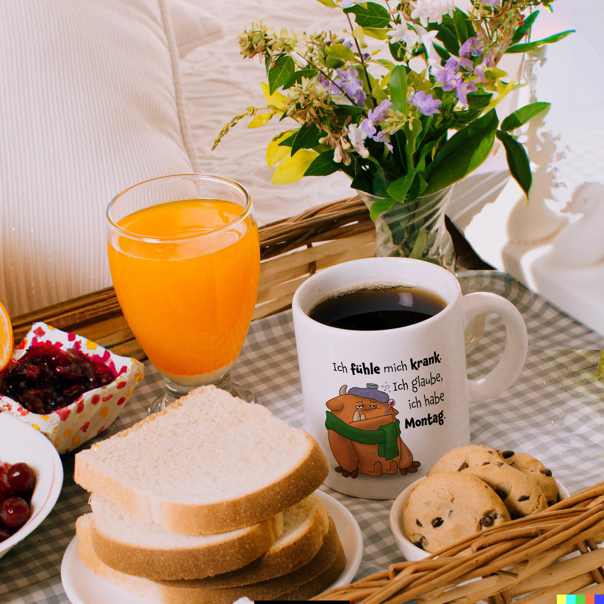 Freches Monster in orange Kaffeebecher mit lustigem Spruch