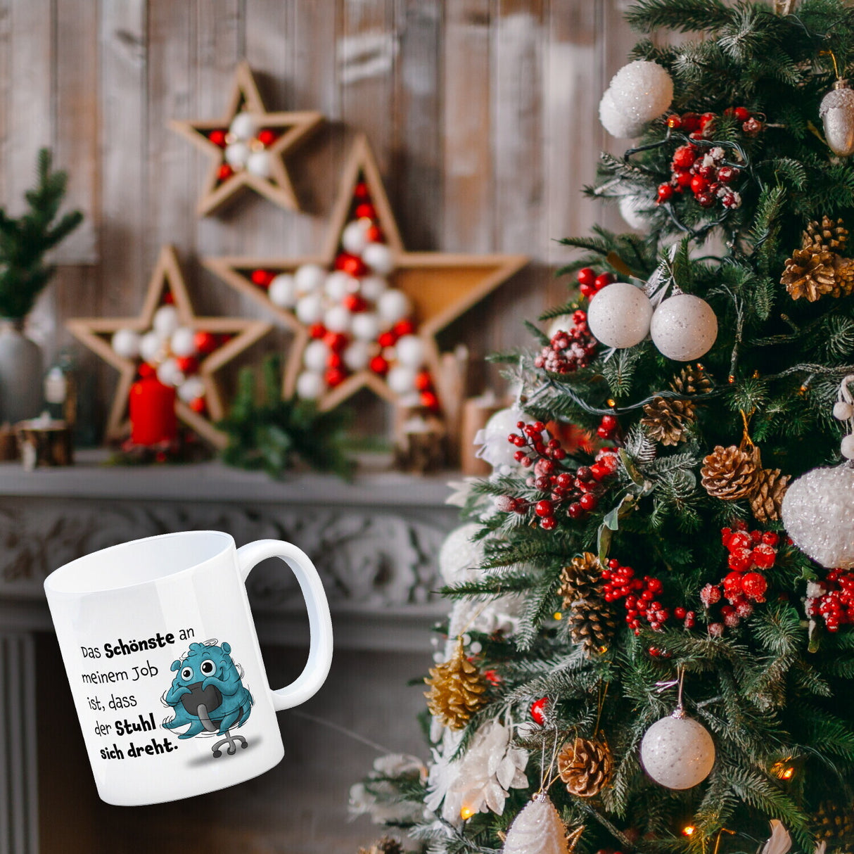 Freches Monster in hellblau Kaffeebecher mit lustigem Spruch