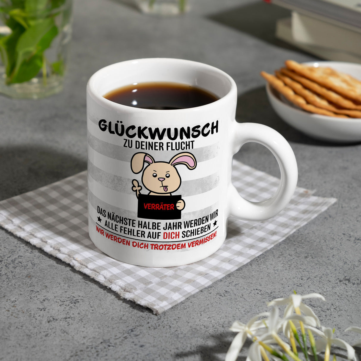 Glückwunsch zur Flucht, Verräter Mittelfinger Kaffeebecher mit Hase