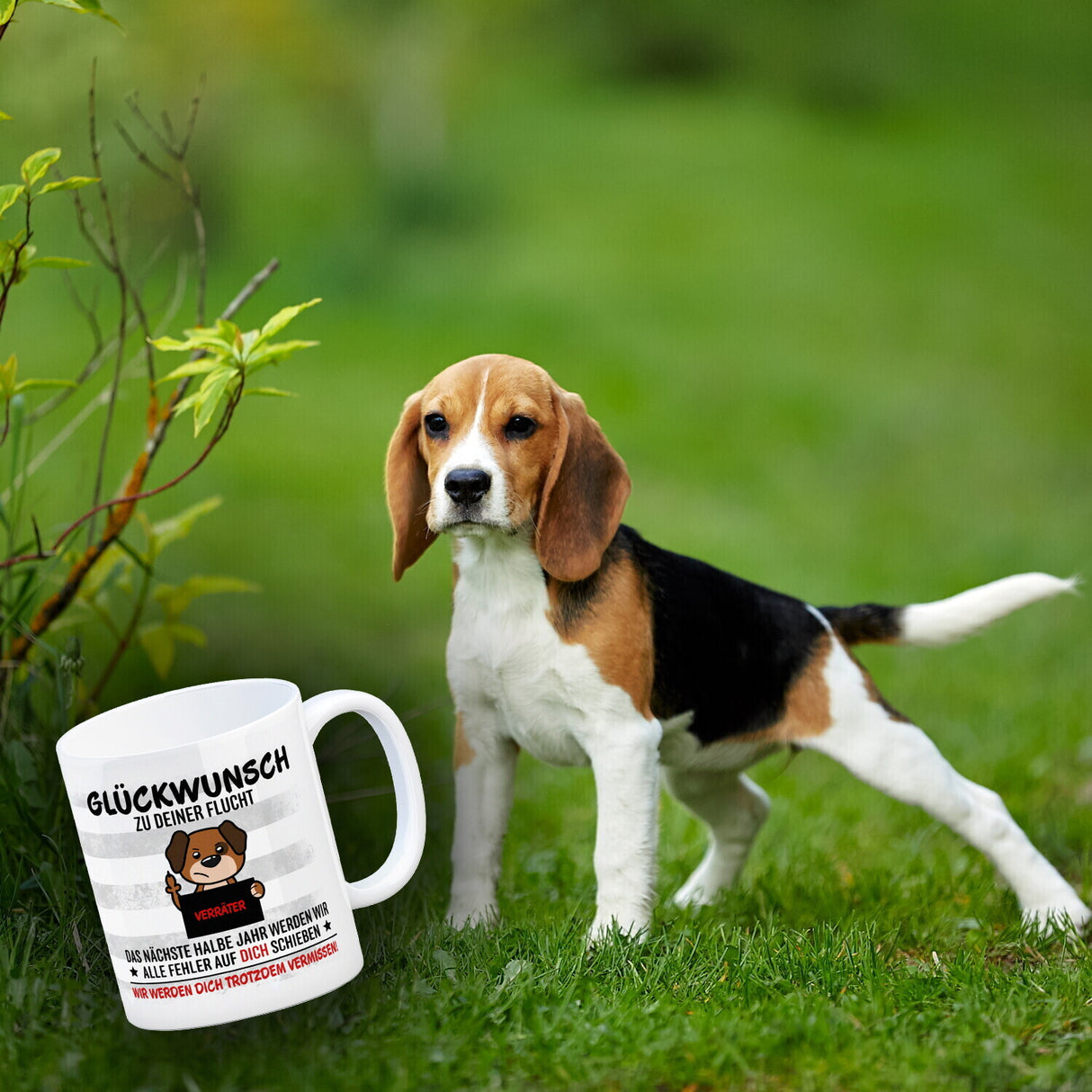 Glückwunsch zur Flucht, Verräter Mittelfinger Kaffeebecher mit Hund