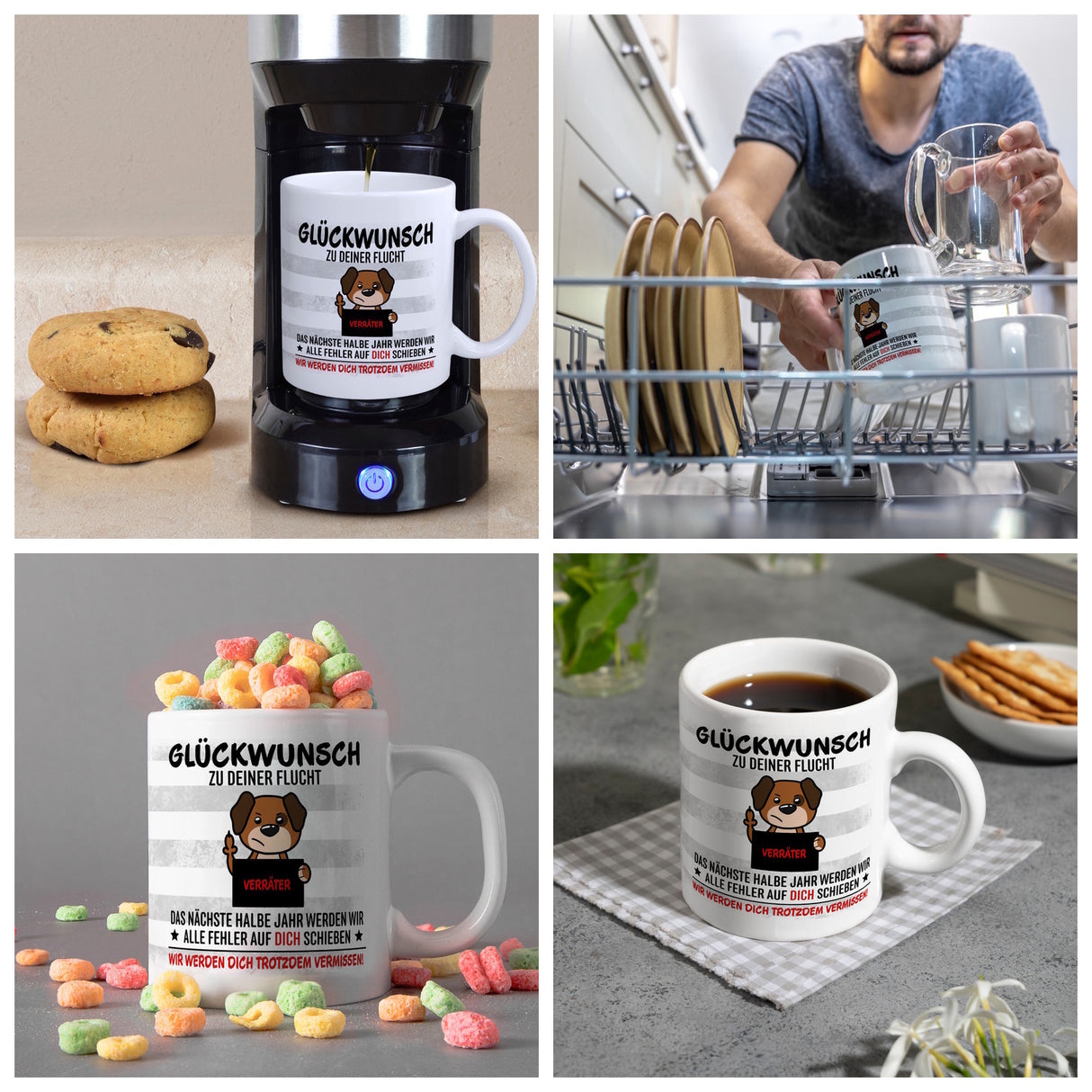 Glückwunsch zur Flucht, Verräter Mittelfinger Kaffeebecher mit Hund