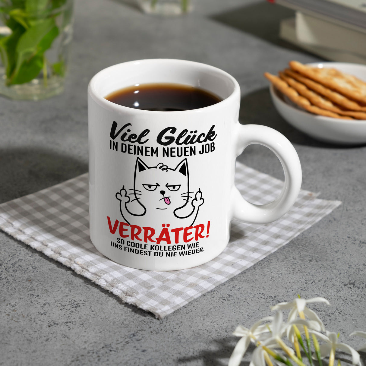 Viel Glück im neuen Job Verräter Mittelfinger Kaffeebecher mit frecher Katze