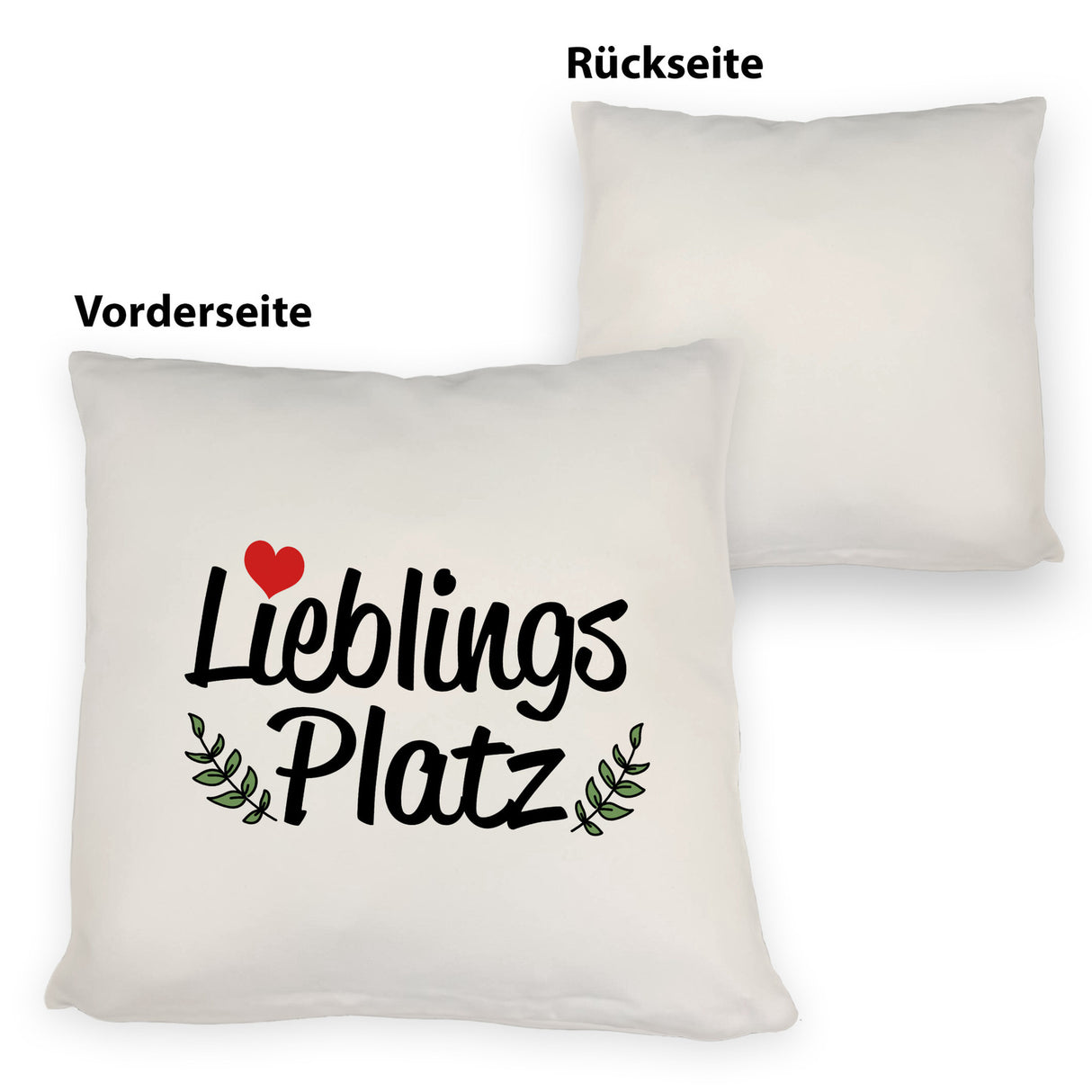 Lieblingsplatz Kissen mit rotem Herz und Blättern