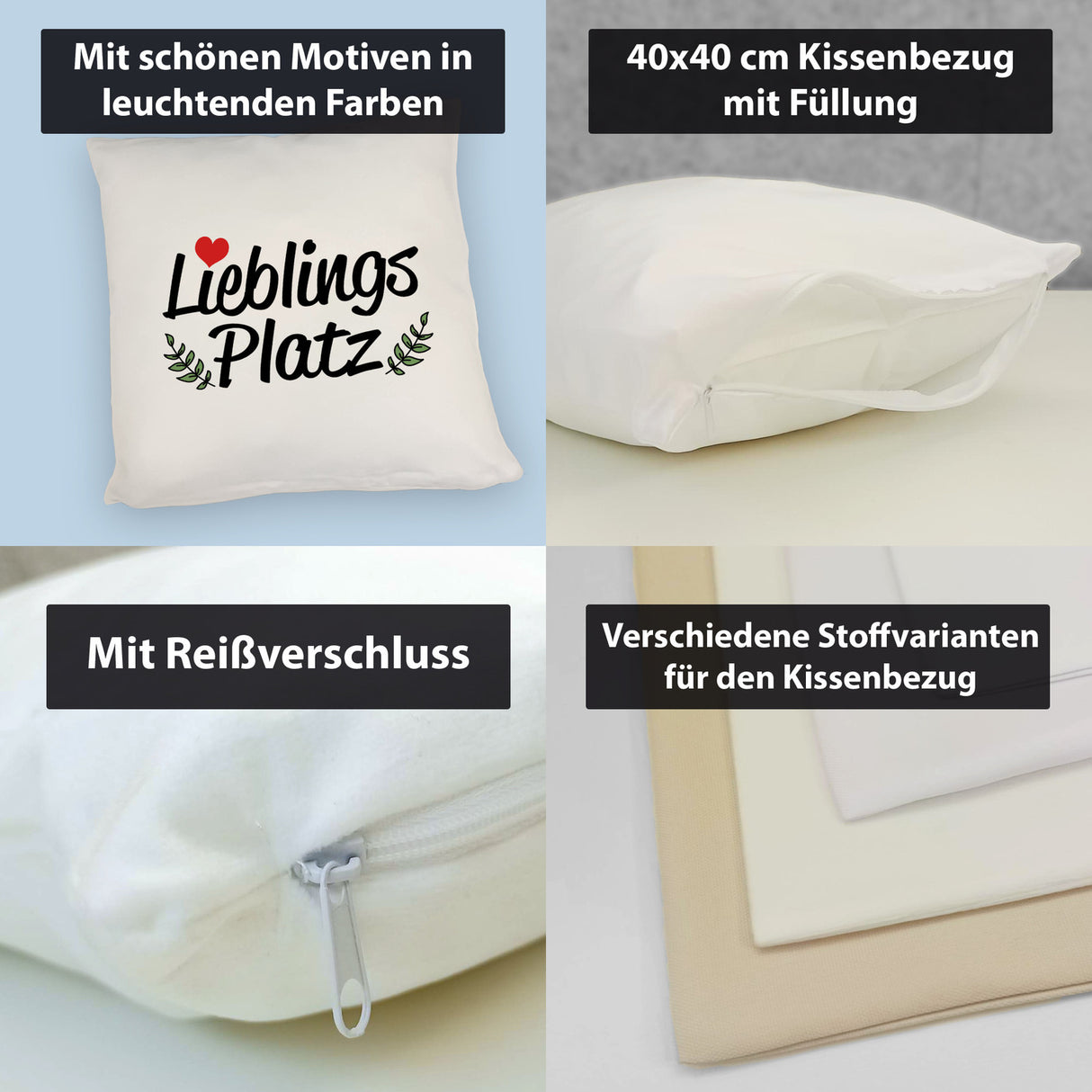 Lieblingsplatz Kissen mit rotem Herz und Blättern