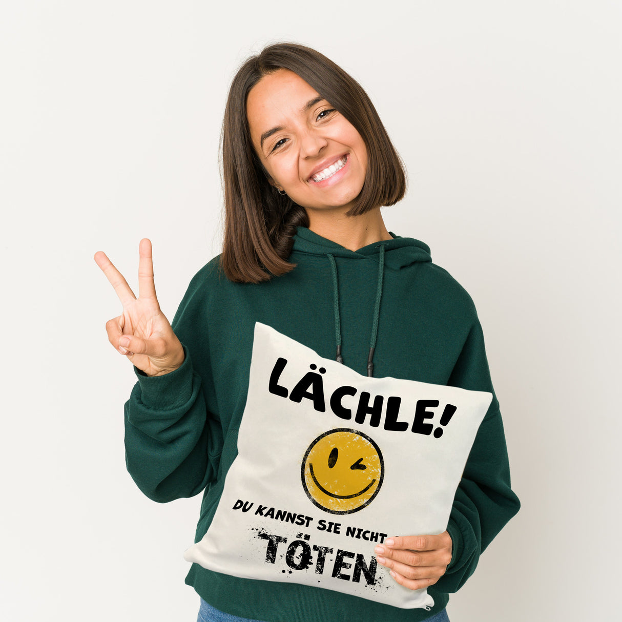 Emoticon Kissen mit Spruch - Lächle du kannst sie nicht alle töten