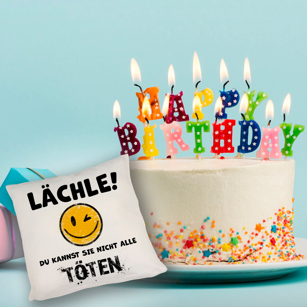 Emoticon Kissen mit Spruch - Lächle du kannst sie nicht alle töten