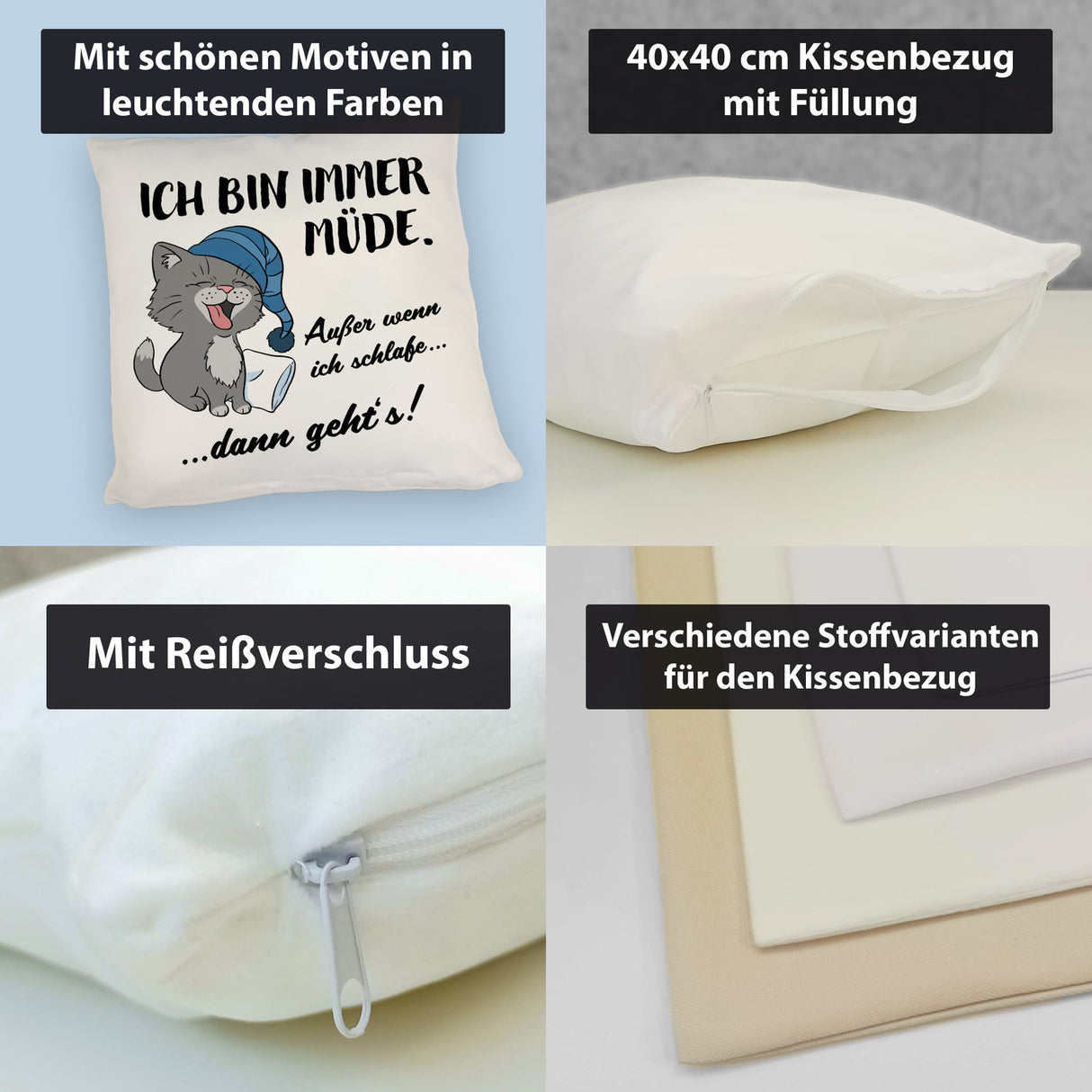 Katze Kissen mit Spruch- Immer müde außer wenn ich schlafe