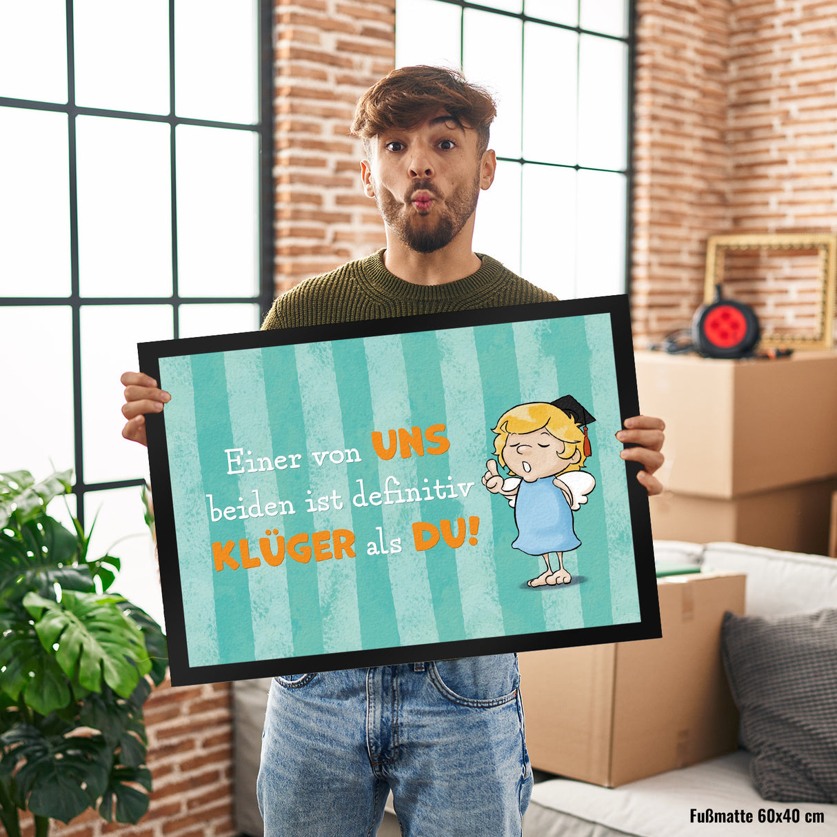 Engel Fußmatte in 35x50 cm mit Spruch - Einer von uns ist klüger als du!