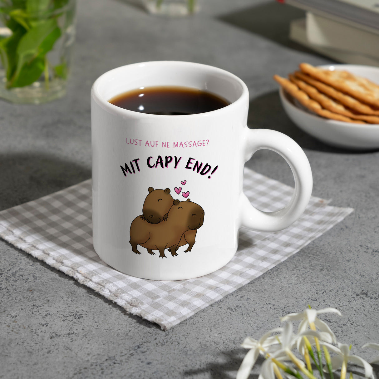 Eine Massage mit Capy End Capybara Kaffeebecher mit Spruch